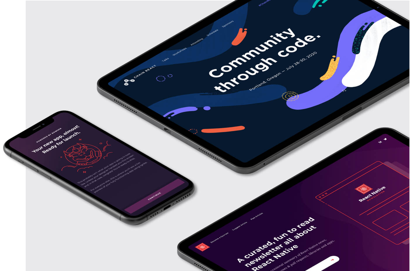 Infinite Red React Native resources displayed across phones and a tablet